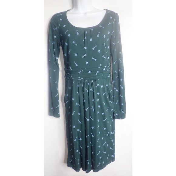 Boden‎ A Line Dress Size 4 US Green Blue  Key Heart Lock Long Sleeve Retro - Picture 1 of 7